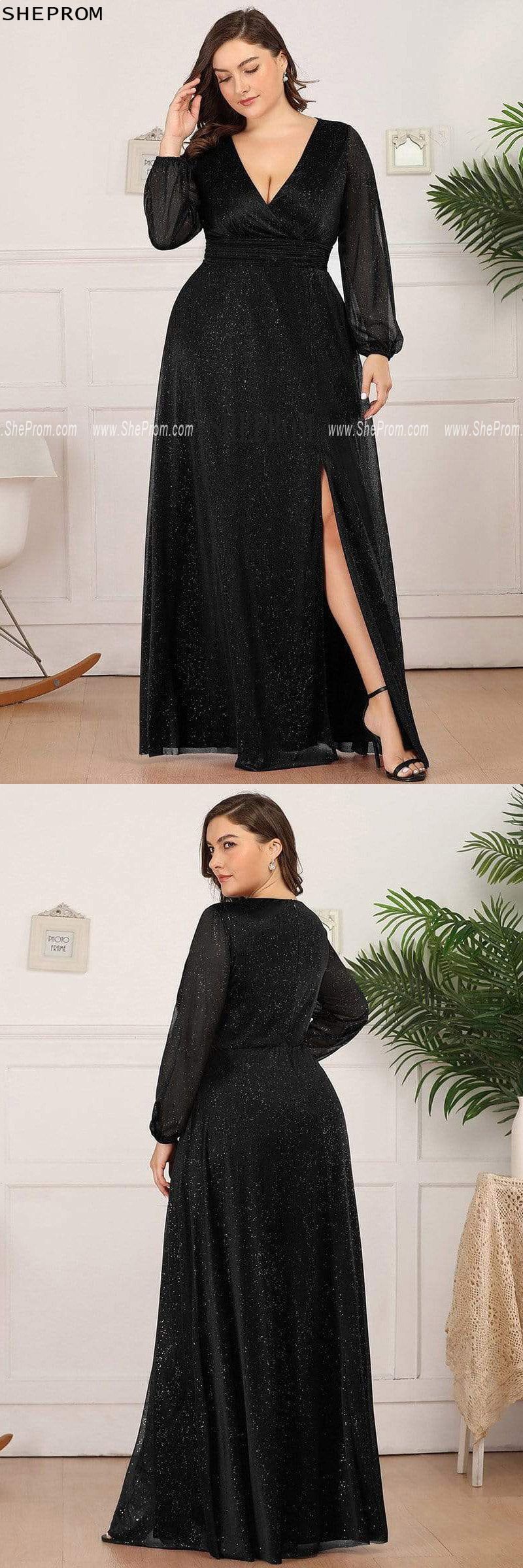 Sparkly Black Long Slit Plus Size Party Dress with Sleeves