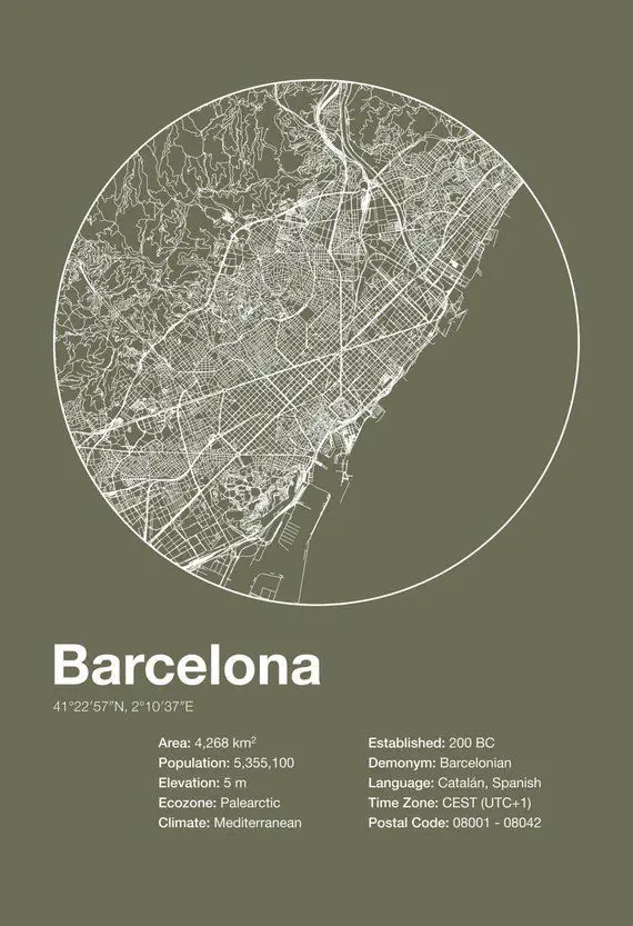 Street Map Art City Print  Barcelona Spain  Minimalist Map | Etsy