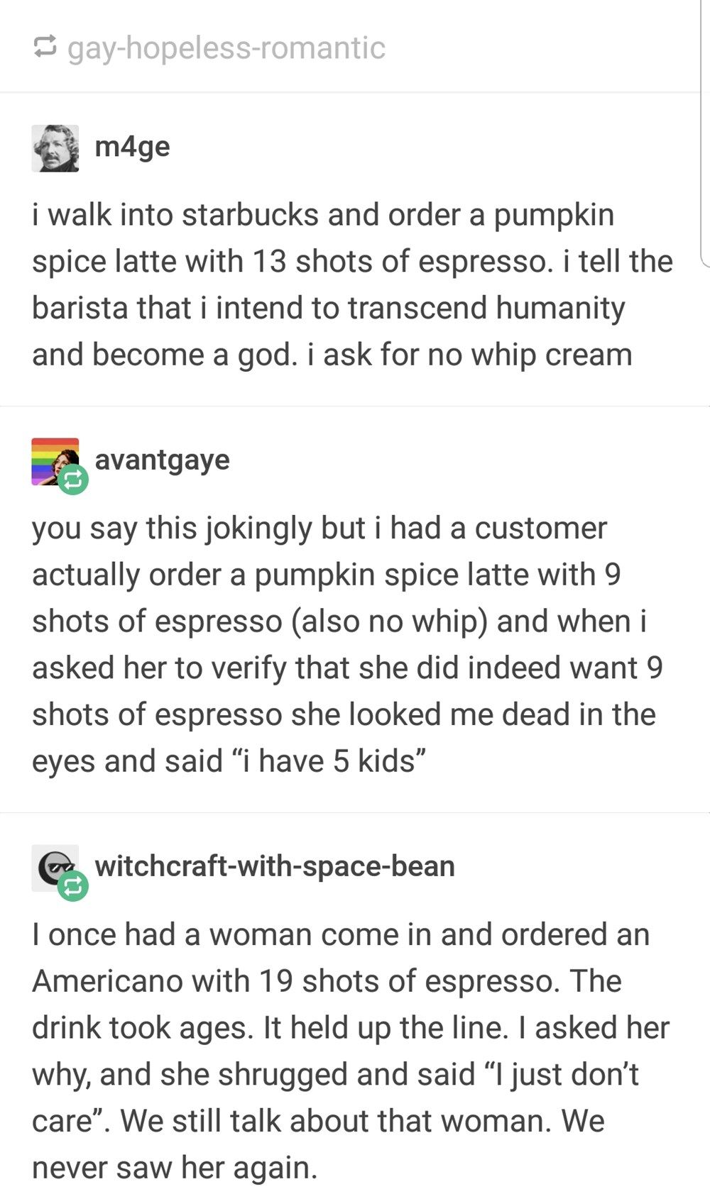 Tumblr Thread About Starbuck's Customers Insanely Caffeinated Drinks Is Alarmingly Accurate