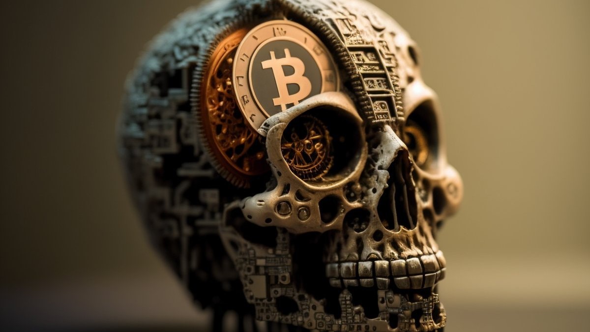 A mechanical skull with a golden Bitcoin token implemented above the eye