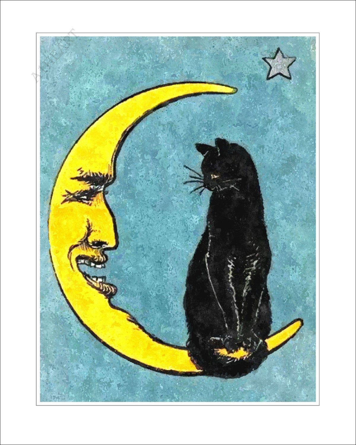 Witch Black Cat Moon art poster print, Man in the Moon Face and Star in Space Universe. Vintage Witchcraft Occult Magic . 463