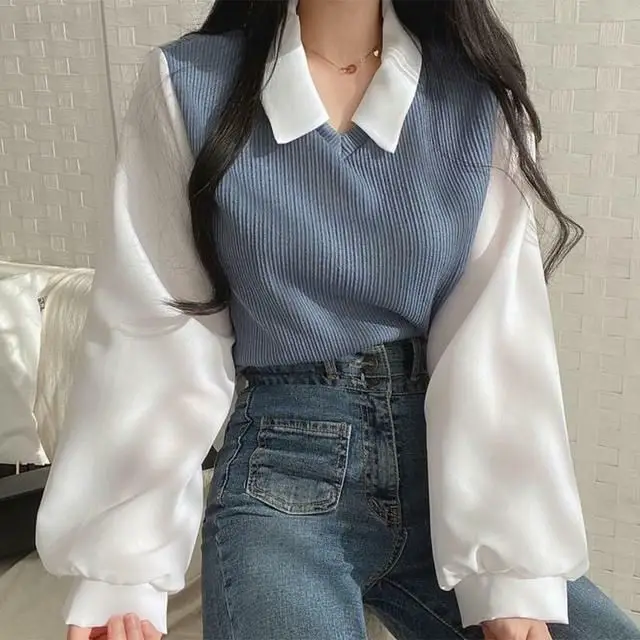 pullovers y2k aesthetic outfits yasuk spring fashion women casual t-shirts pullover loose tees top fake two piece suit all-match cute student gentle girl - apricot, xxl