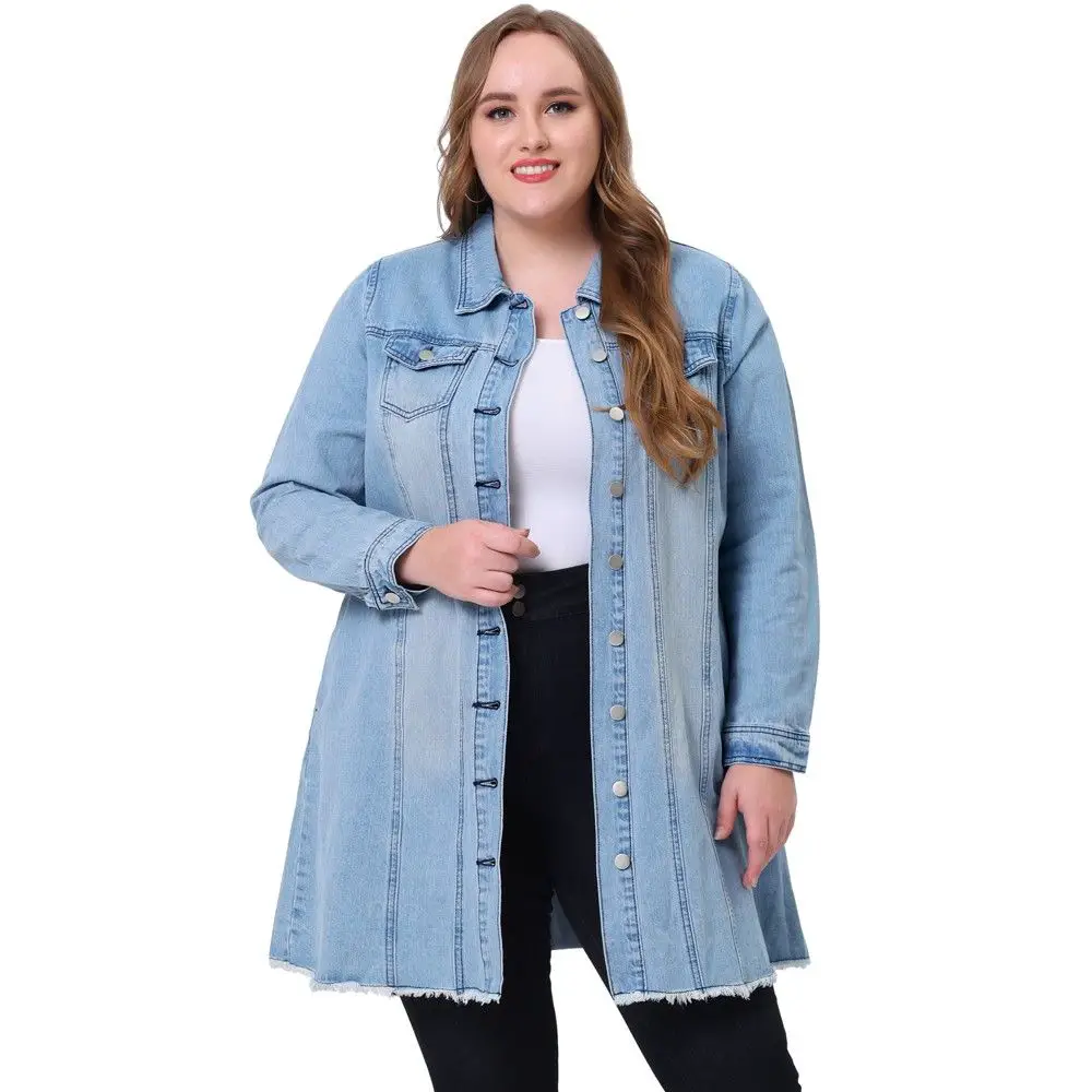 Agnes Orinda Women's Plus Size Long Sleeve Raw Hem Long Denim Jacket Light Blue 4X