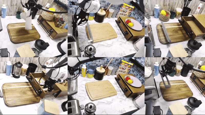 Several video clips of a robot arm manipulating objects in a kitchen environment, demonstrating some of the 12 generalized skills